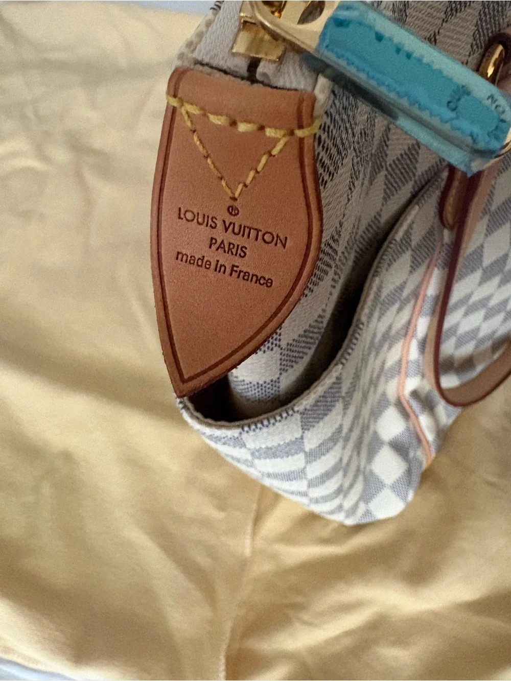 Louis Vuitton Damier Azur Checkered Tote with Tan Leather Handles
